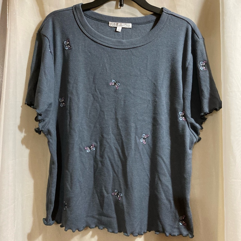 Rebellious One Blue Embroidered Butterfly Tee